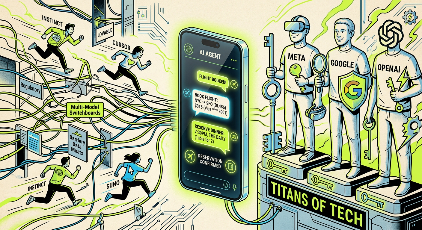 Editorial tech illustration of personal agents booking transactions in chat and nimble startups outmaneuvering incumbents